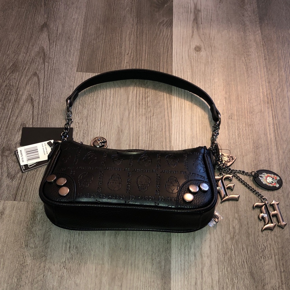 Ed Hardy Black Faux Leather Shoulder Bag Embossed Skull & Logo Accents NWT